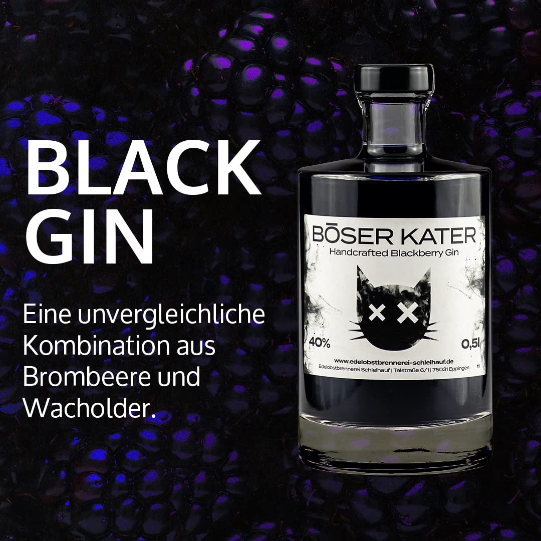 BÖSER KATER Blackberry Gin | Das Original | Handgemacht mit fruchtigem Brombeer Geschmack | Schwarz Violetter Cocktail | Die perfekte Geschenkidee 0,5 l 40% Vol
