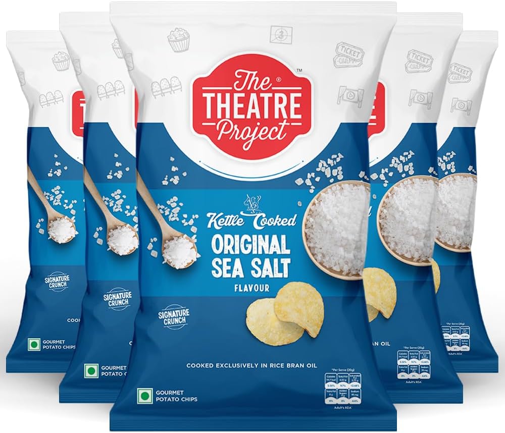 The Theatre Project Kettle Cooked Potato Chips - Original Sea Salt Flavor, Crispy & Delicious Snack Combo Pack of 5 Pouches (410g)