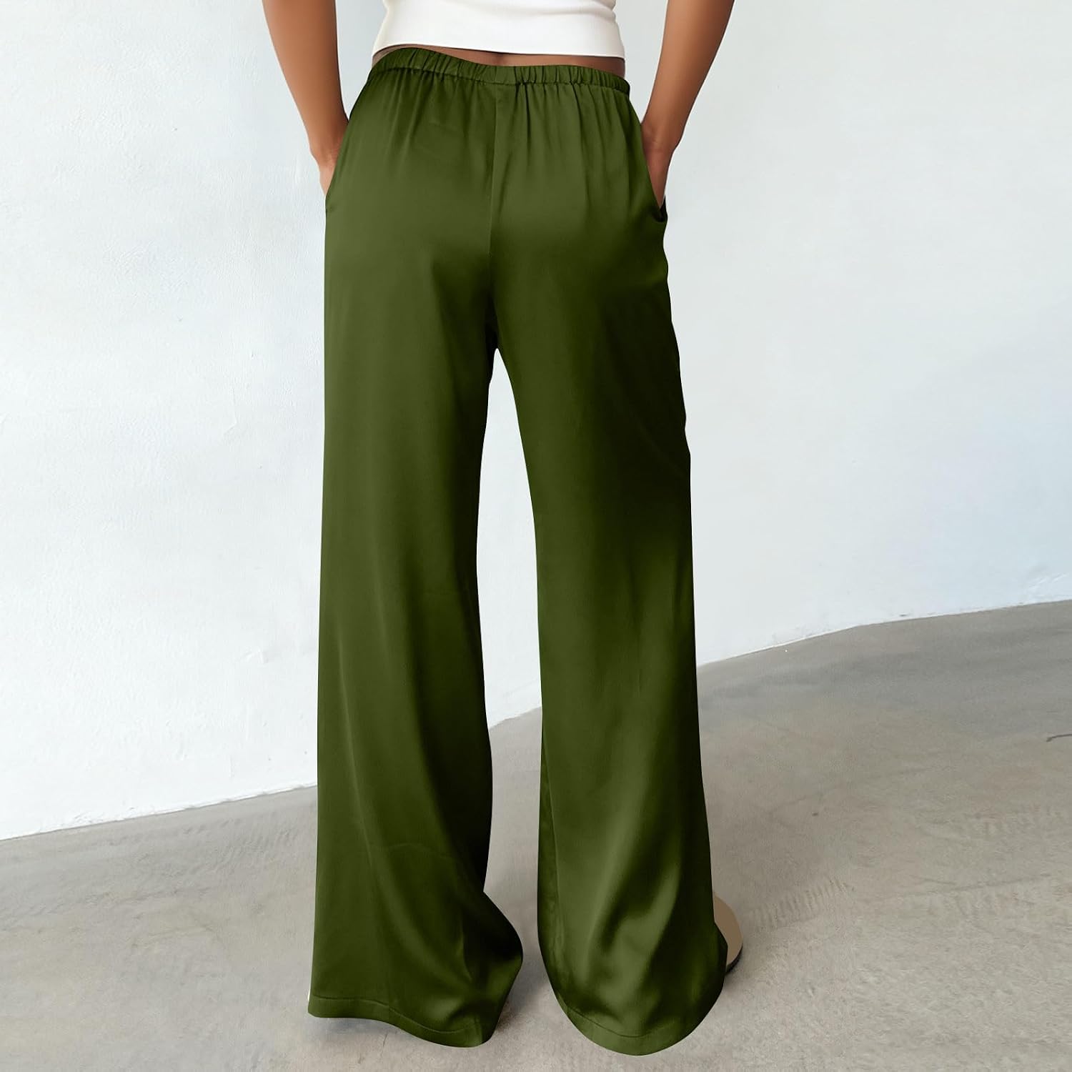 Womens Satin Wide Leg Dress Pants Silk Casual Dressy Flowy Long Pants Drawstring Elastic High Waisted Trousers