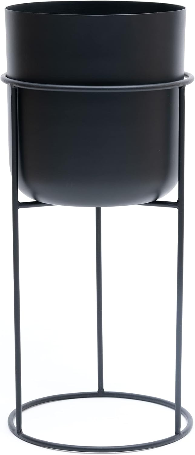 Olly & Rose Matt Black Metal Plant Pot with Black Plant Stand Tall