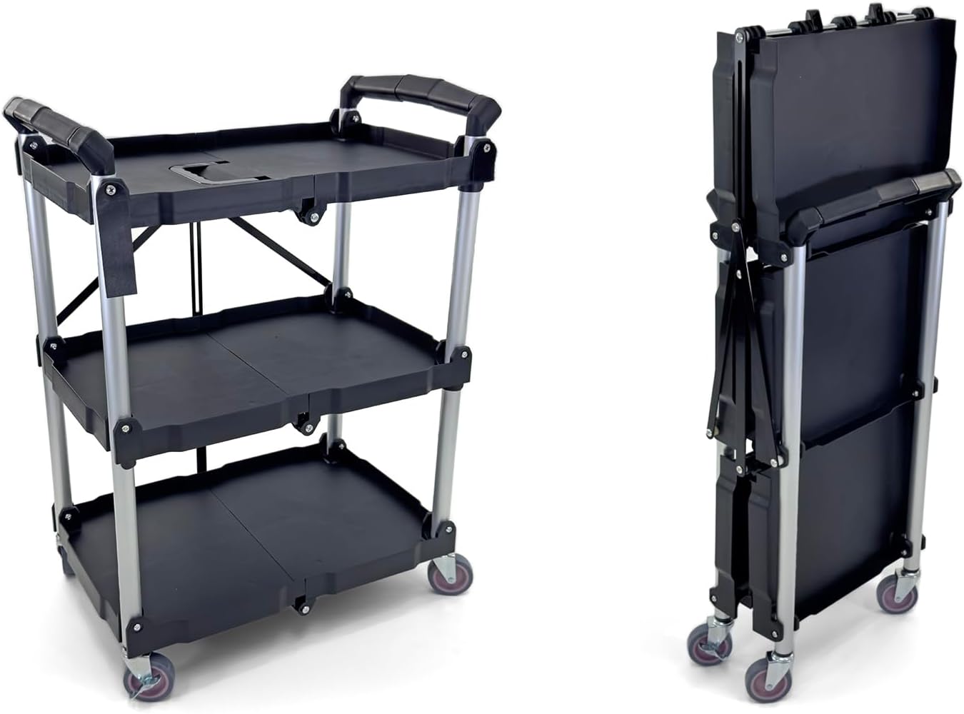 Heavy-Duty Portable Folding Service Cart | 3 Tier 330LBS Capacity | Rolling Utility Cart | Black