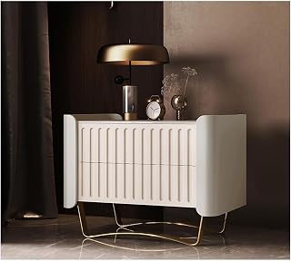 Eleganter Nachttisch mit Marmorplatte und bogenförmigen 2 Schubladen, Nachttisch, Leder, goldene Metallfüße, Nachttisch, Beistelltisch