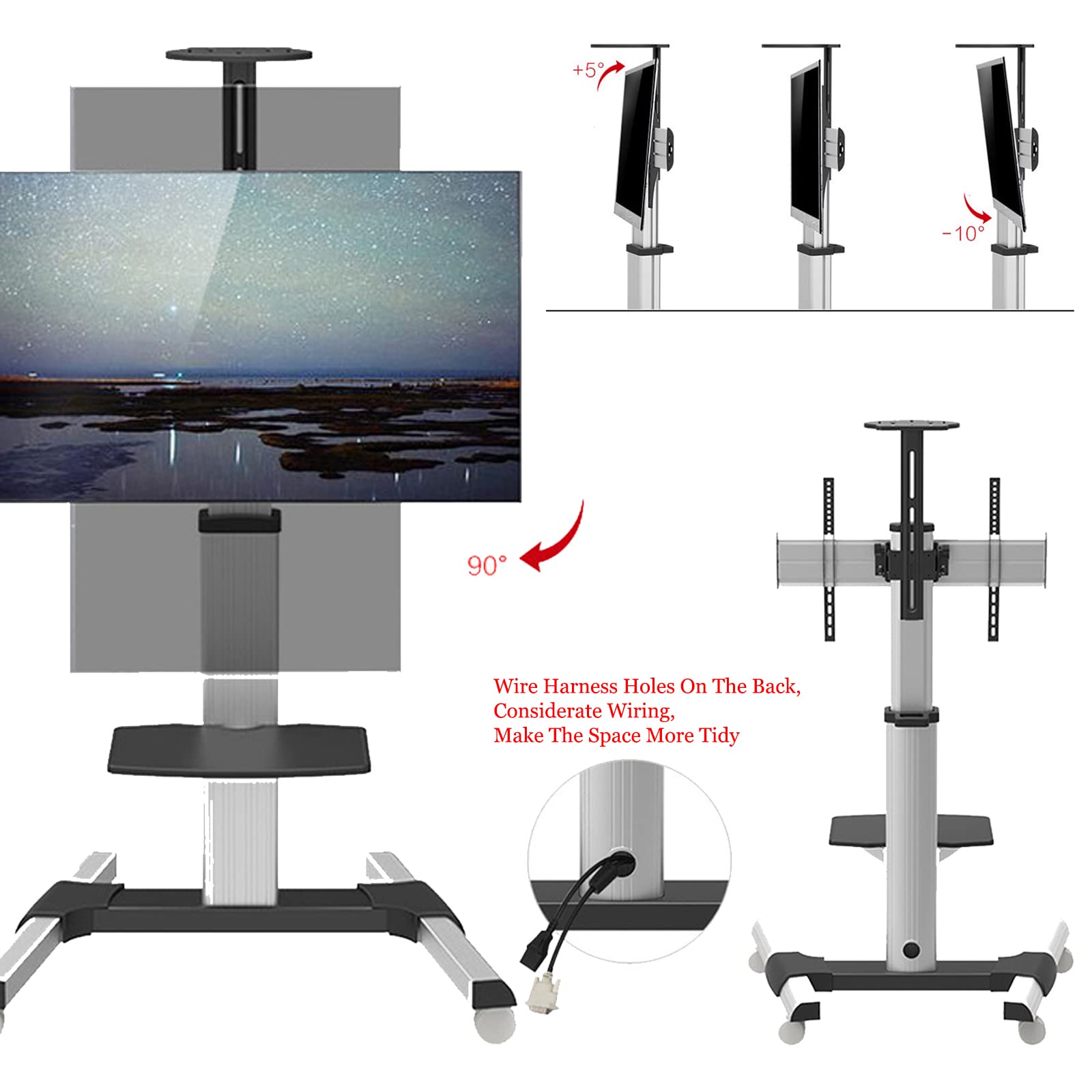 SRHIMEOS Chariot TV Meuble Télé Support avec Roulette Pied Pivotant et Réglable en Hauteur de 40 à 70 Pouces VESA Max de 600 x 400 mm Capacité Max de 70kg