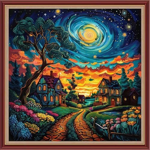 Image of Dooxvey Cross Stitch Kits for Adults Beginners,Full Range of Cross-Stitch Stamped Kits Needlepoint Kits for Beginners Embroidery Kits 11CT Cross Stitch Patterns-Starry Night Moon Home 18x18 inch