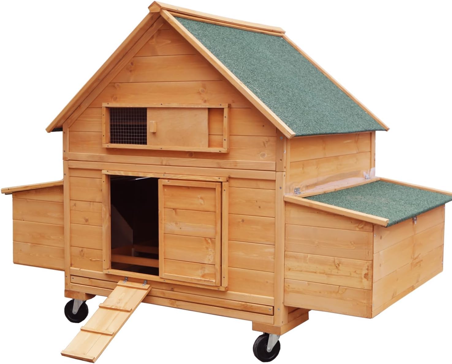 Large Chicken Coop with Wheels, Waterproof Outdoor Hen House for 6-8 Chickens, Movable Chicken House with Two Nesting Box, Removable Tray, PVC Cover, Wooden Duck Coop Rabbit Hutch