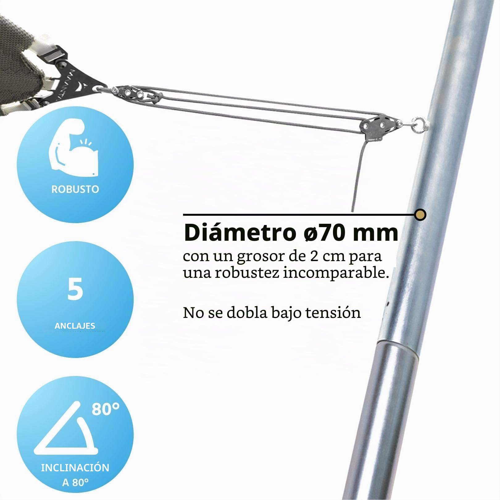 EZ Mast - Poste para vela de sombra 260 cm, 5 puntos de anclajes/ojales de acero galvanizado, sistema multivela, Ø70 mm - Incluye accesorios, zinc - Inclinación 80°
