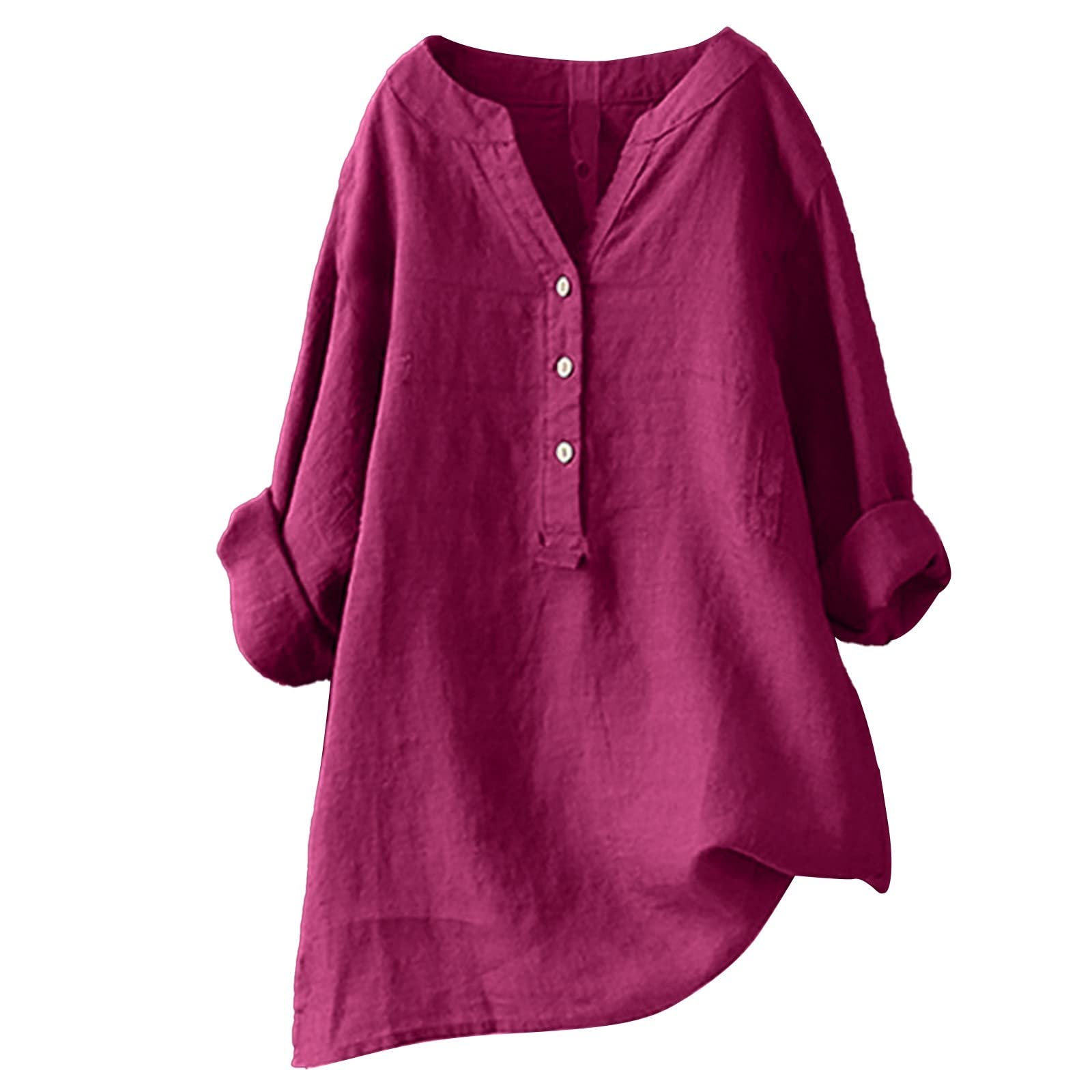 Women Oversized Cotton Linen Shirts Button Down Summer Blouse Roll-Up Sleeve Tops Tunic Trendy Boho Ladies Clothes 2024(Wine,4X-Large)