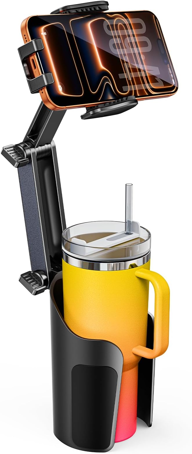 TAZENI 2-in-1 Cup Holder Cell Phone Holder for Your Car Bottle Friendly Cup Cell Phone Holder Mount for Car Height Adjustable Sturdy Fit 4.7-7 inches Phones