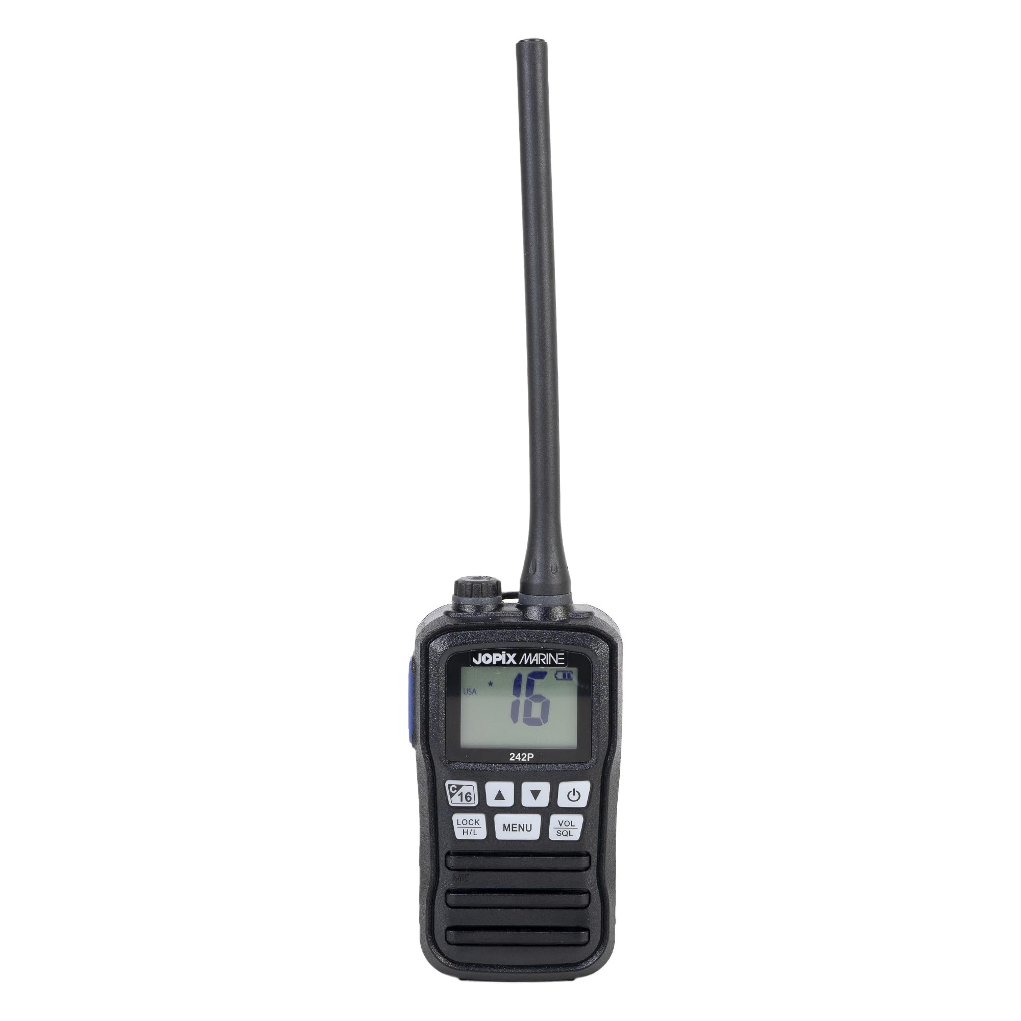 Jopix Marine 242P Talkie-Walkie VHF Maritime Flottant – Étanche IP67, Triple Veille, Canal 16 Direct, Chargement USB et Allume-Cigare, Ultra-Léger