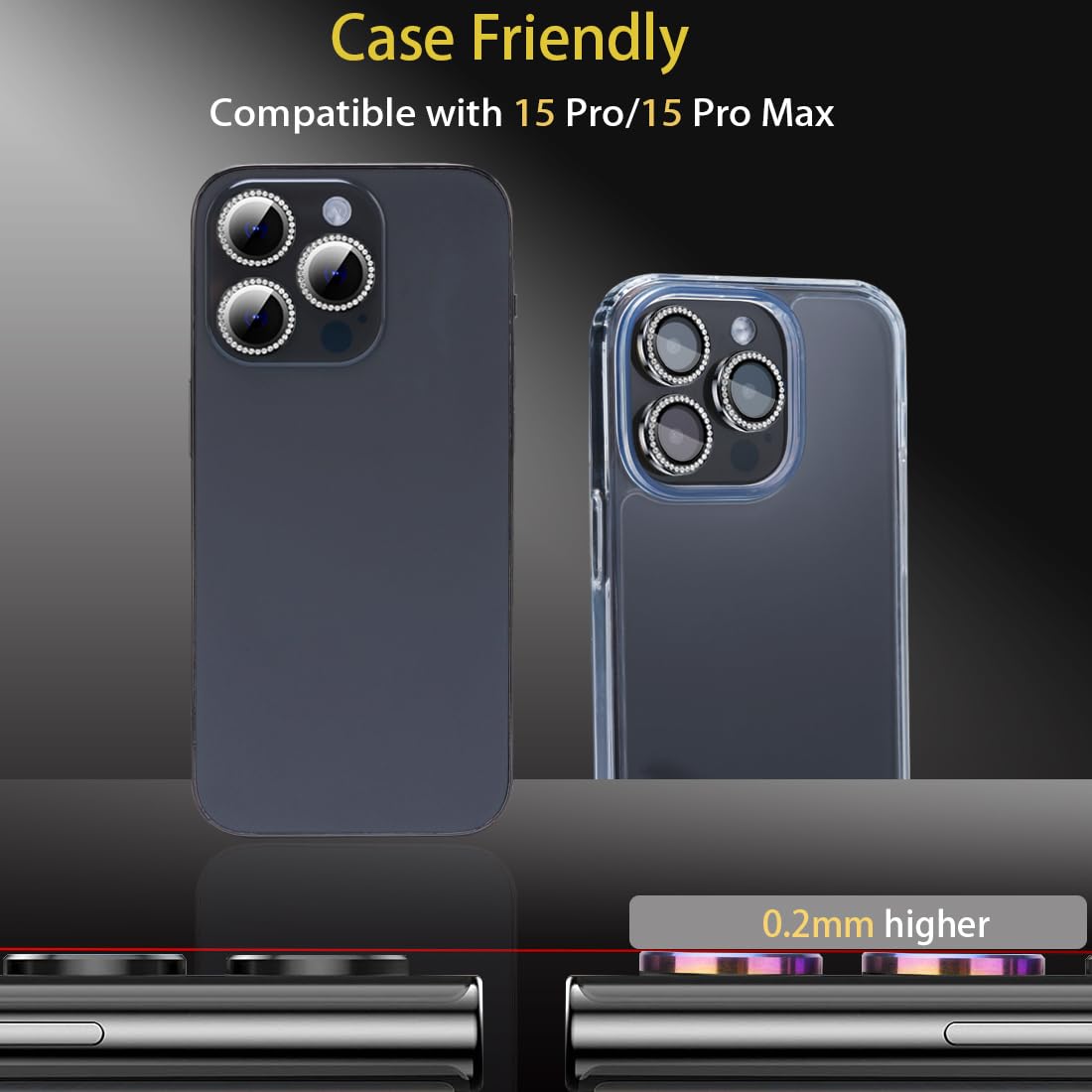 Osłona obiektywu aparatu do iPhone'a 15 Pro i iPhone'a 15 Pro Max, osłona obiektywu ze szkła hartowanego, pierścień ze stopu aluminium, pasuje do iPhone'a 15 Pro/iPhone 15 Pro Max (diamentowa