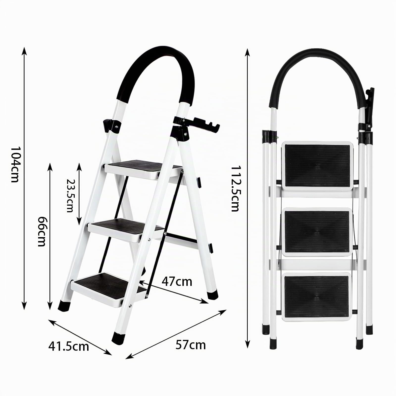 Escabeau Pliable 3/4/5 marches Charge maximale de 150kg Verrouillage de sécurité, pédales Larges accoudoirs escabeau escamotable légères pour la Maison, Cuisine, Placard et Bureau (Blanc-3 marches)