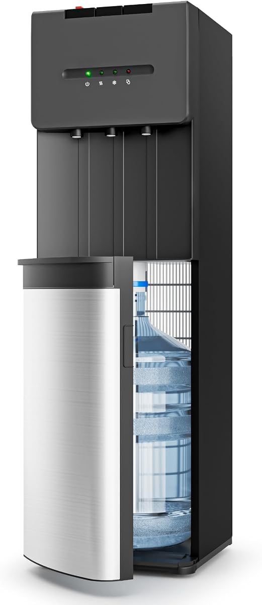 EUHOMY Bottom Loading Water Cooler Dispenser for 5 Gallon Bottle, 3 Temperature Freestanding Hot and Cold Water Dispenser with Stainless Steel Tank & Child Lock for Home Office, Black