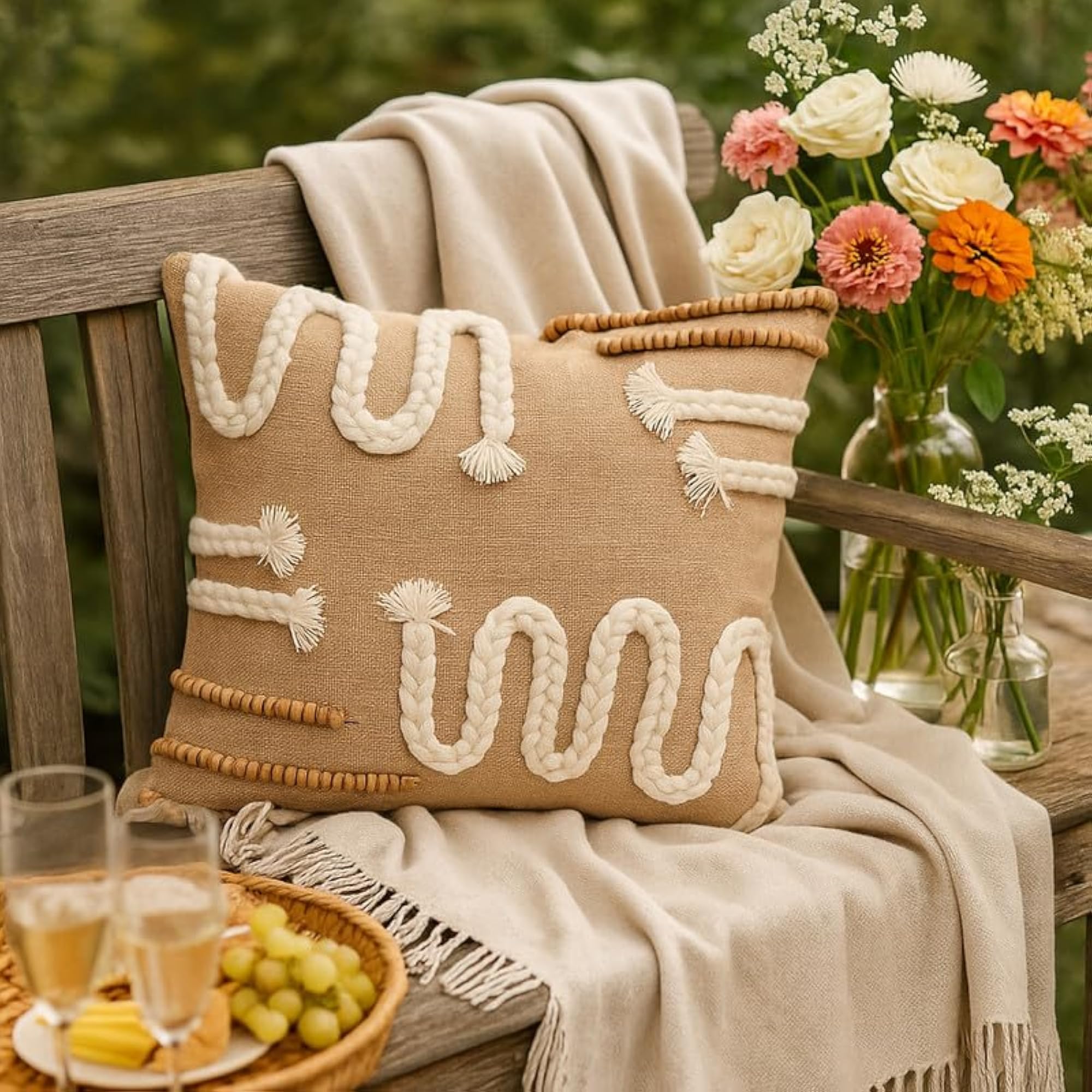 Brown Jute Braided Beaded Cushion Cover, Rustic Boho Decor