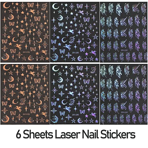 6 Sheets Star Moon Butterfly Nail Art Sticker, 3D Self-Adhesive Laser Starlight, Moon, Butterfly Nail Decals For Diy Women Nail Decoration #TOP1