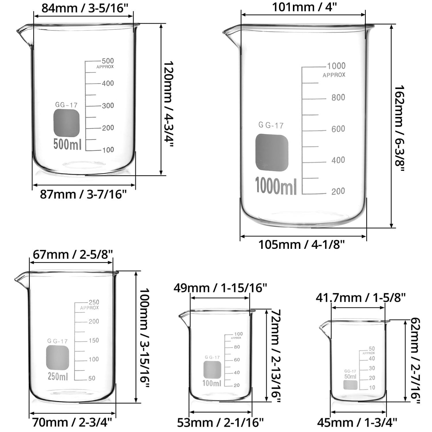 Zlewka laboratoryjna, 5-częściowy zestaw zlewek ze szkła borokrzemianowego o pojemności od 5 ml do 100 laboratorium i kuchni(50ml - 1000ml)