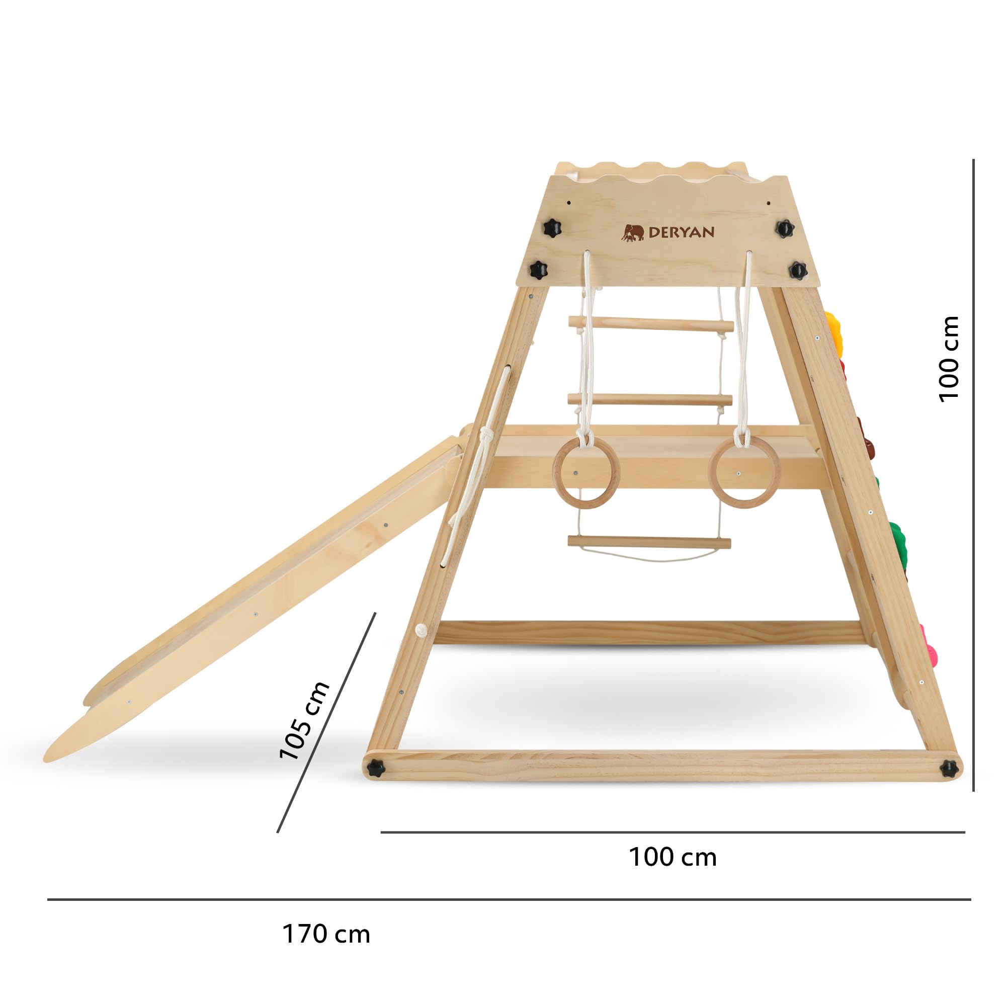 Deryan Klettergerüst für Kinder - Indoor Spielplatz mit Rutsche, Kletterwand, Kletternetz & Turnringe - Holz Kletterturm klappbar - Natur