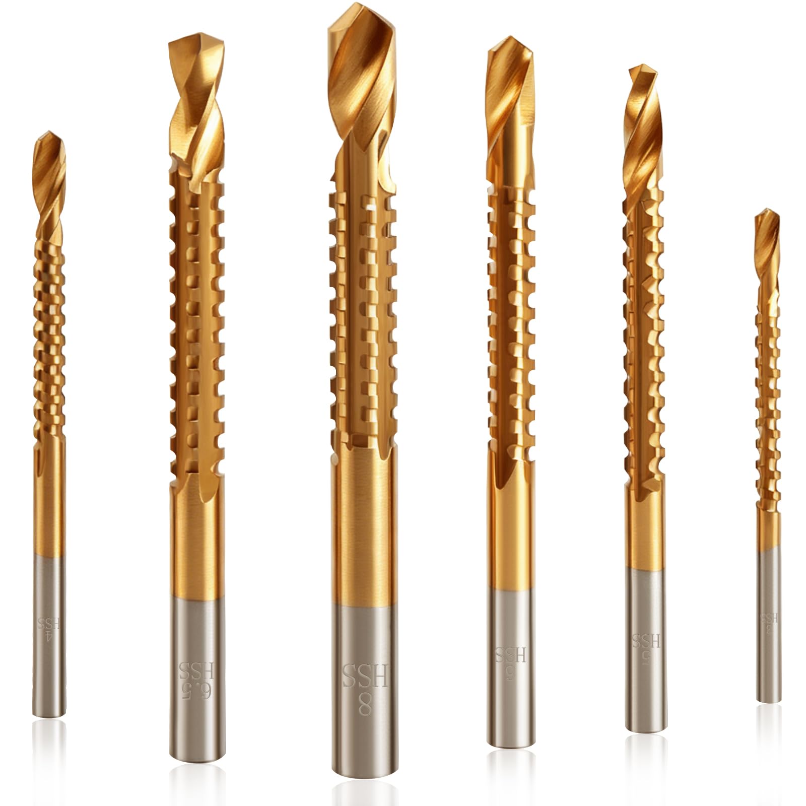 JONMON 6 Pack Titanium Coated HSS Twist Drill Bits - 3-8mm Serrated Drilling Grooving Side Cutting Drill Bit, Woodworking Hole Enlarging Tools for Wood, Plastic, Aluminum, Thin Metal — image 1