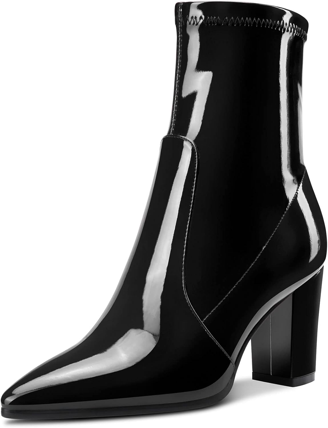 Aachcol Women Mid Calf Boots Pointed Toe High Chunky Block Heel Patent Zipper 3 Inch