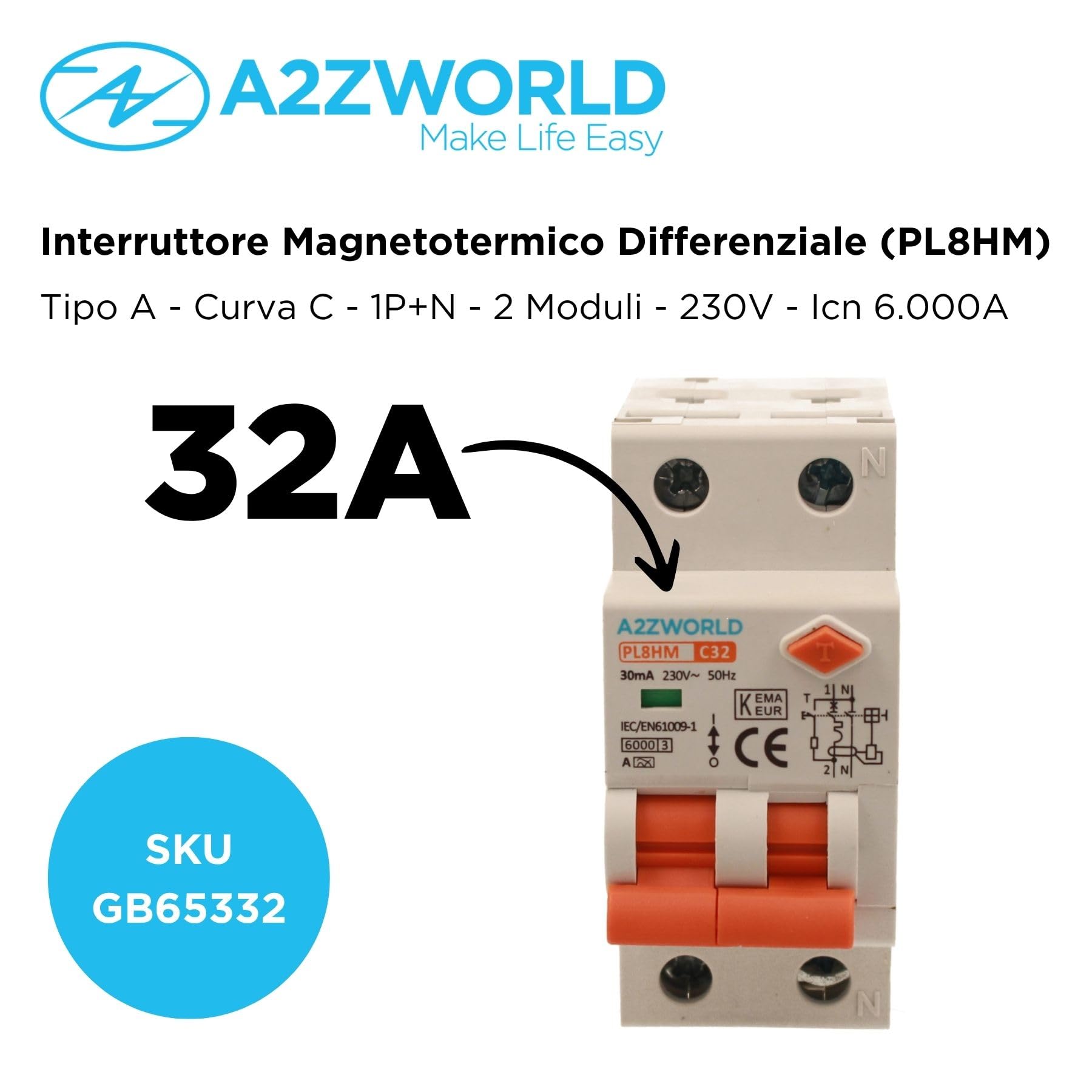 Interruttore Magnetotermico Differenziale Tipo A, 1P+N Curva C 6KA 30mA 220V, Occupa 2 Moduli DIN, RCBO Tipo A C32 32A