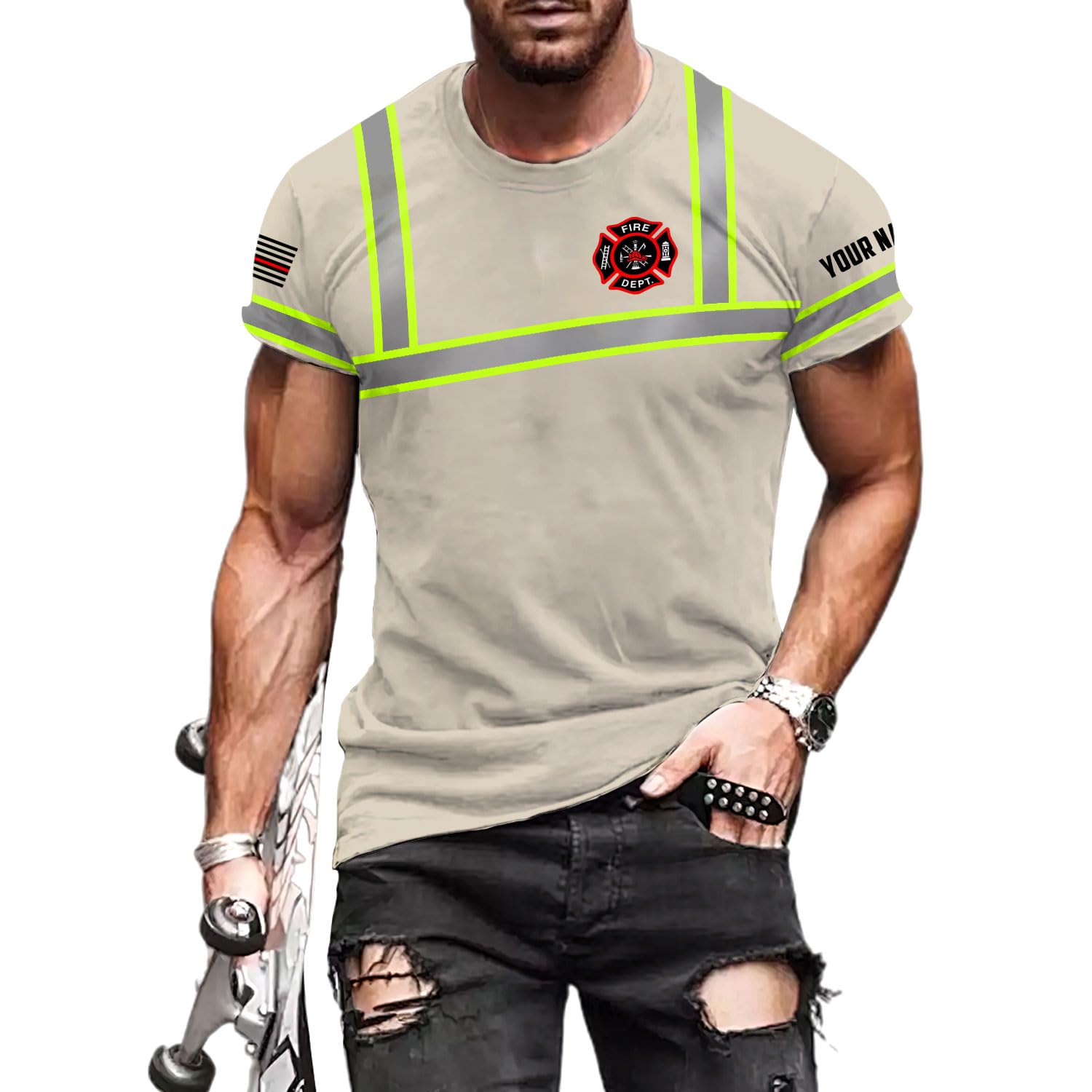 Custom Firefighter Reflective Safety Shirt, Firefighter T Shirts for Men, Fire Department Shirt, Fire Rescue Shirt (US, Alpha, Small, 5X-Large, Regular, Regular, RS12)