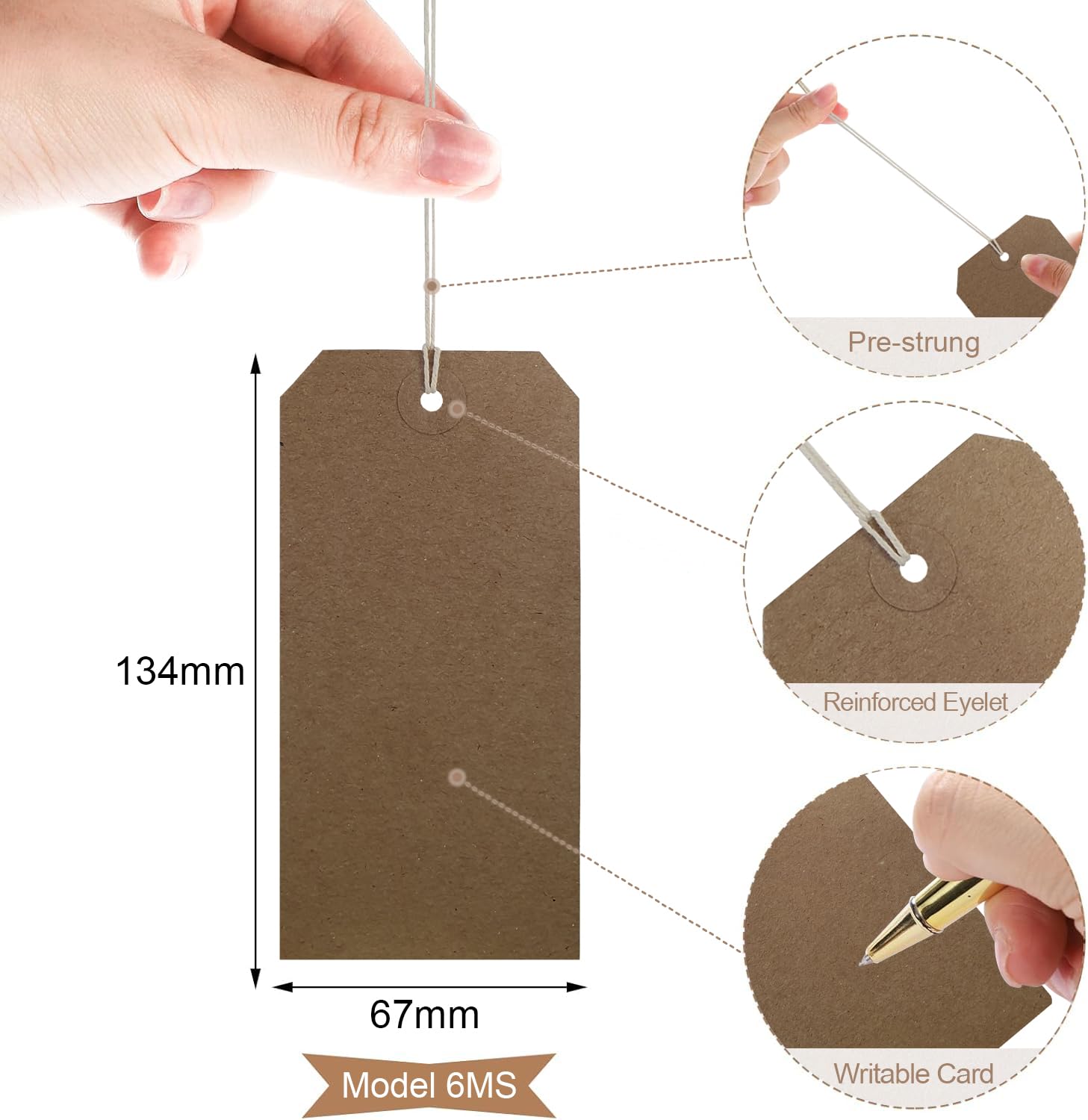 Swift Strung Tags Brown Reinforced Card Clothing Parcel Label String Hanging Gift Swing Tickets Kraft Hang Price Labelling 134mm x 67mm (Pack of 100) - Image 3