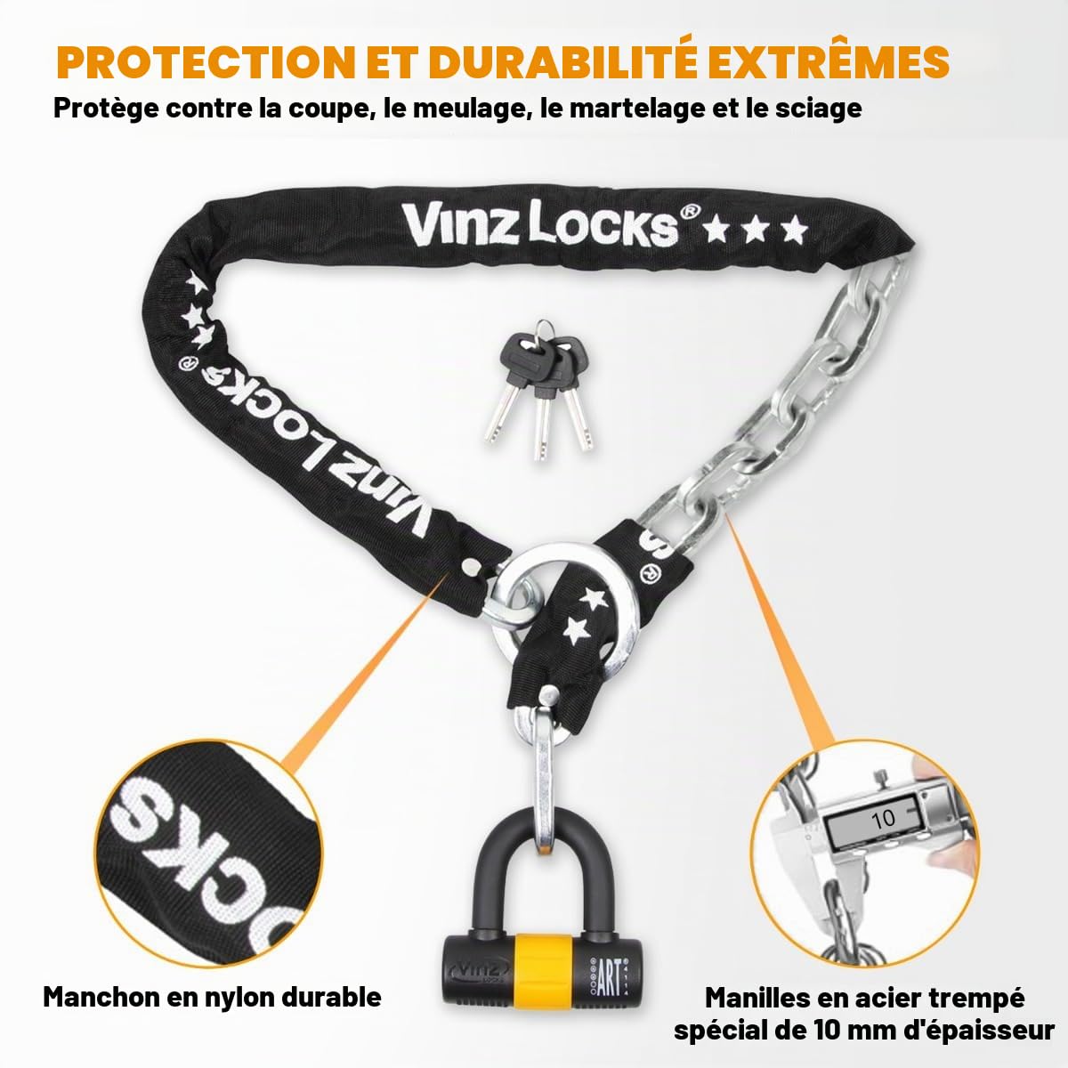VINZ Kungur Antivol Scooter | Cadenas de chaîne ø10mm | Certification Art 3 |pour Moto, cyclomoteur, vélo électrique | Verrouillage de chaîne Loop U-Lock sécurisé | 100-300 cm x (100 cm)
