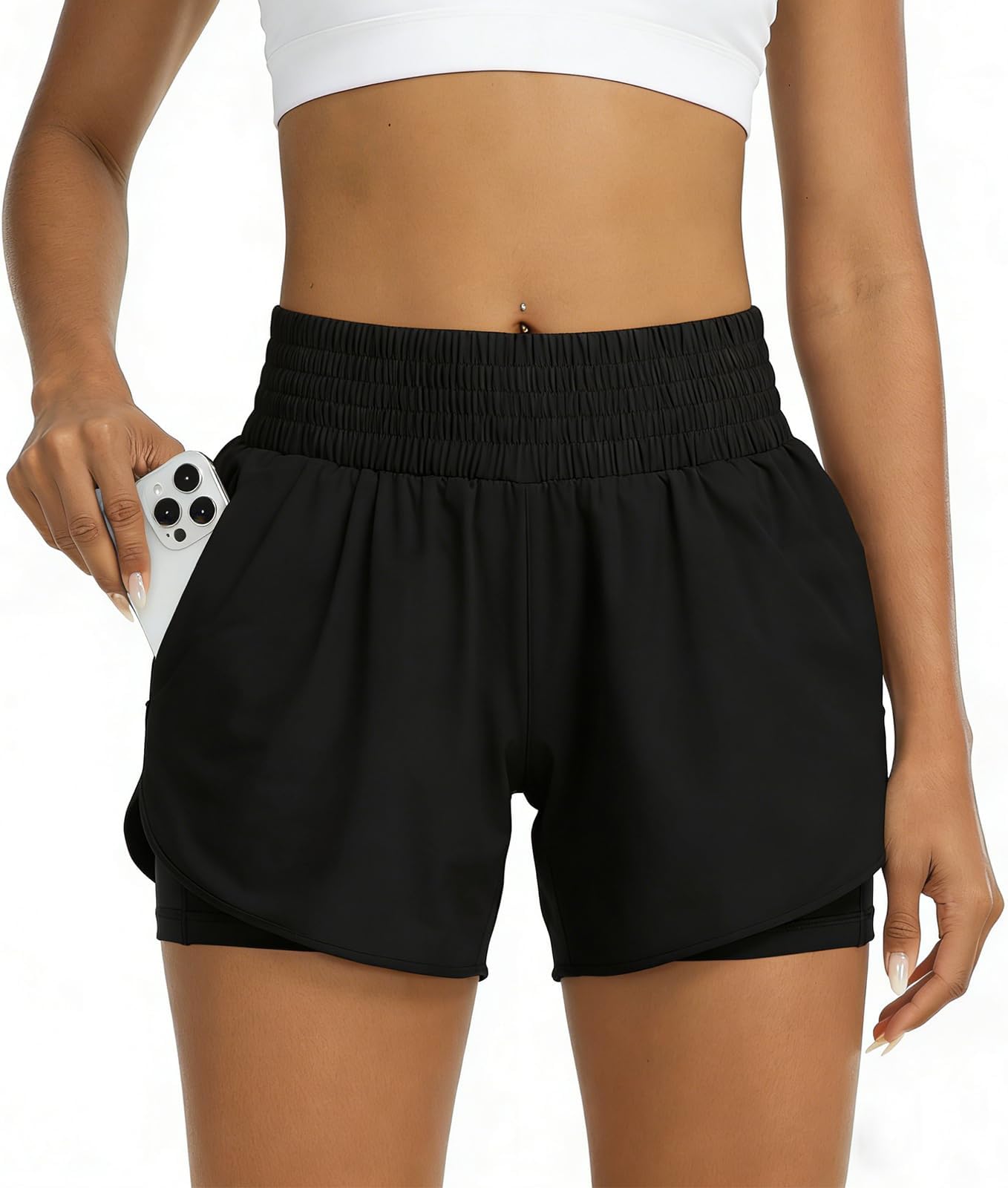 Womens 2-in-1 Running Shorts with Phone Pocket, Lightweight Gym Yoga Ladies Sports Shorts for Running, Hiking & Training