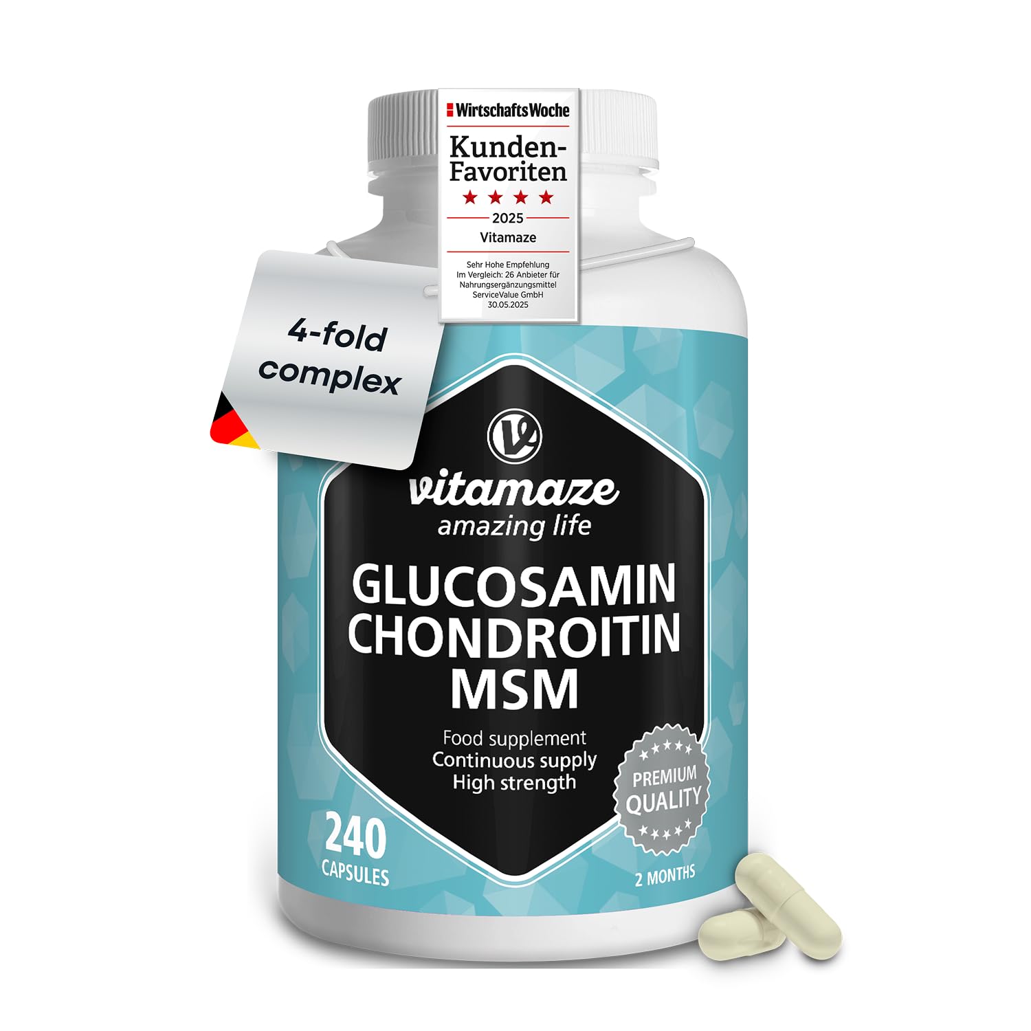 Glucosamine and Chondroitin Complex 2250mg with MSM and Vitamin C - Joints Care and Immune System - 240 Capsules - Supplement Without Additives - Vitamaze
