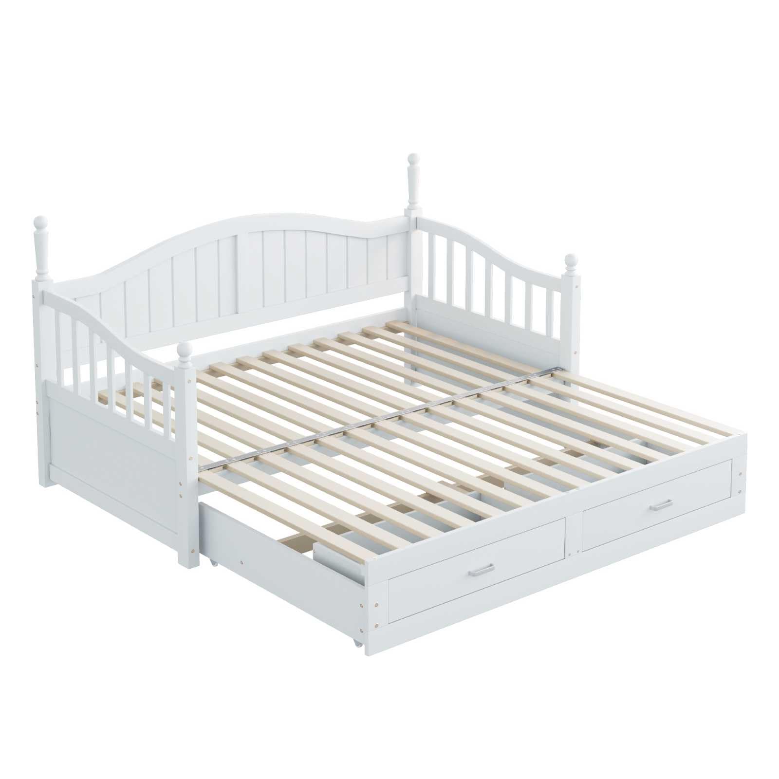 YEHTOKHOME 90/180x190 cm canapé-lit en Bois Massif Extensible avec 2 tiroirs, Multifonctionnel avec lit escamotable et sommier à Lattes, avec Dossier et accoudoirs(sans Matelas) (Blanc)