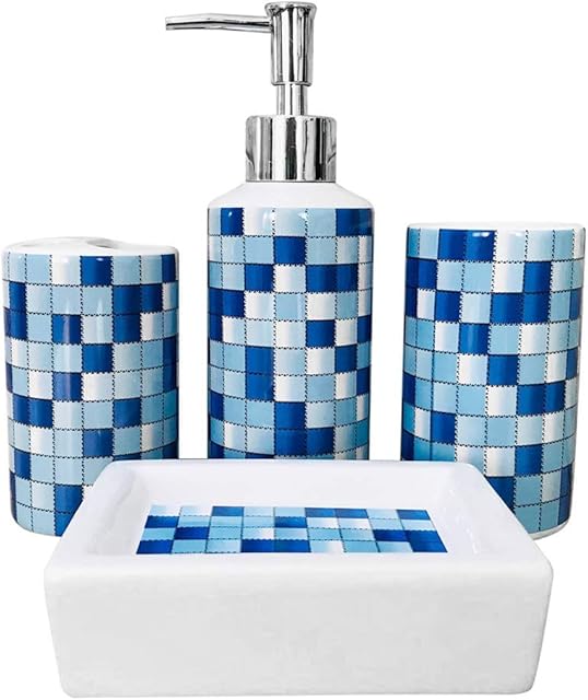 MUZI Ceramic Bathroom Accessories Set of 4 Pieces Modern Design Bath Set Soap Dispenser,Toothbrush Holder, Tumbler, Soap DishBlue Mosaic