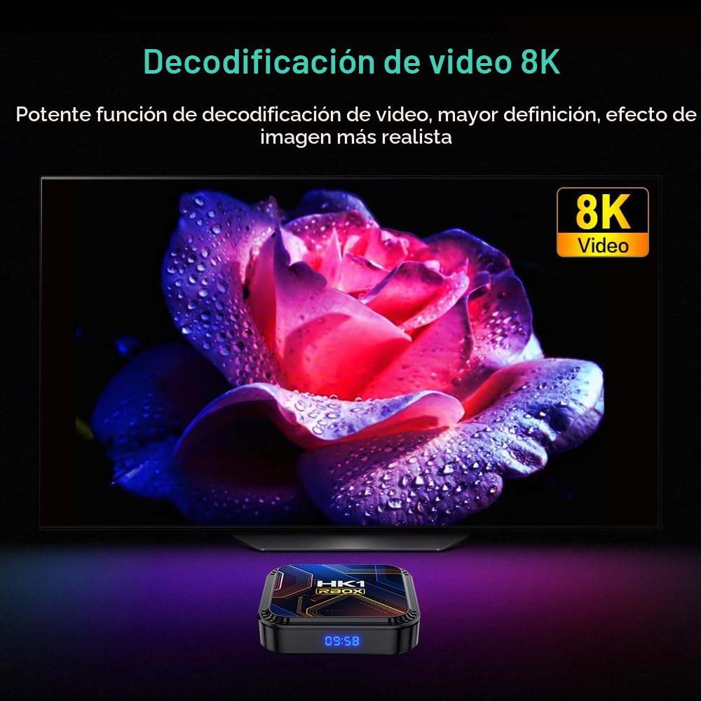 Android 13.0 TV Box 4GB RAM 64GB ROM RK3528 Quad-Core Arm Cortex A53, HD Convertor Smart TV Soporte 2.4/5.0GHz WiFi BT5.0 10/100M Ethernet 8K HDR10+ USB 2.0/3.0 con Control Remoto por Voz