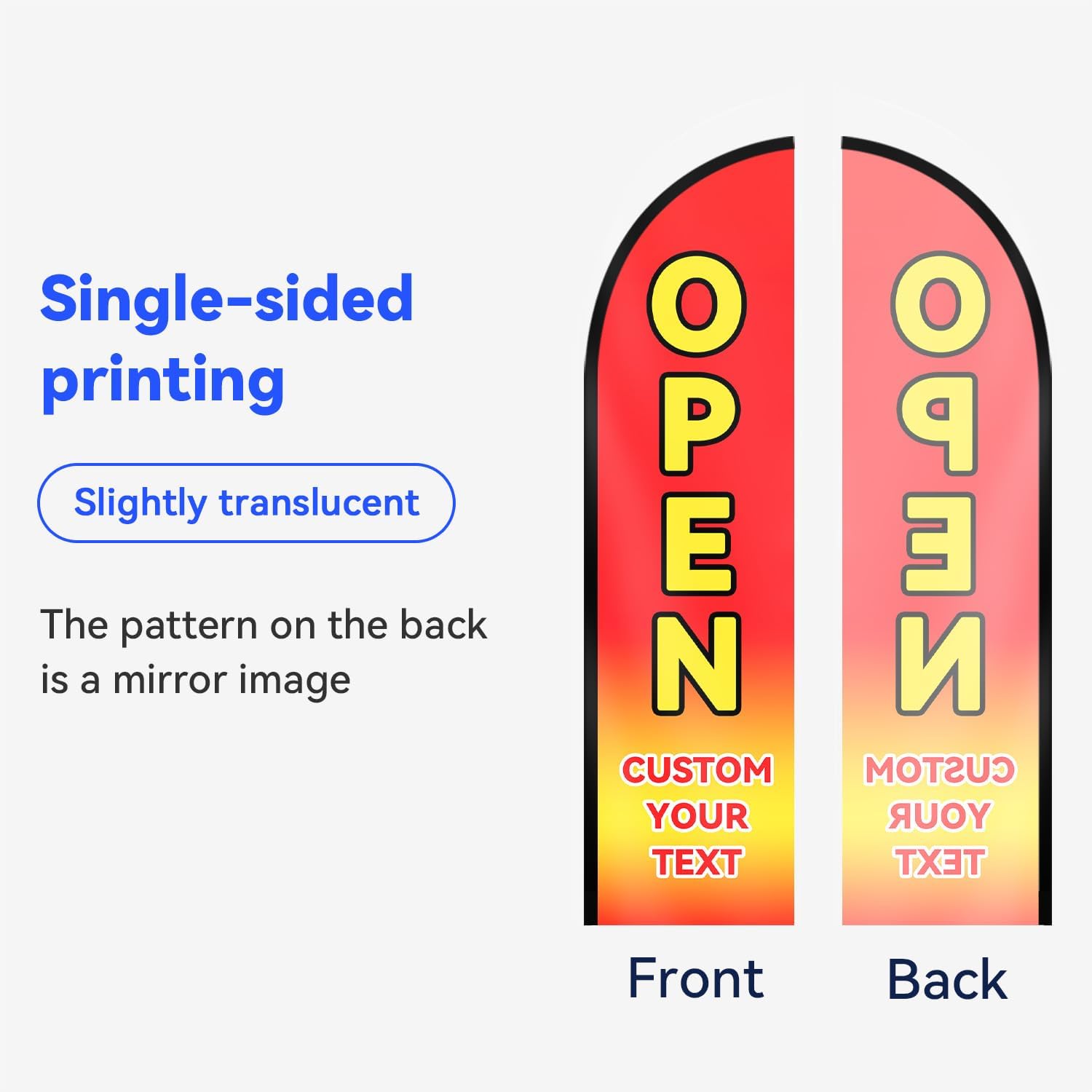 Custom OPEN Feather Flag, Flagpole optional, Personalized Advertising Banner for Businesses, Add Your Text, Brand Name, Phone Number, etc, High-Visibility Swooper Flag for Storefronts & Roadside Signs, Single/Double-Sided Print (70x340cm/2.3x11.2FT)