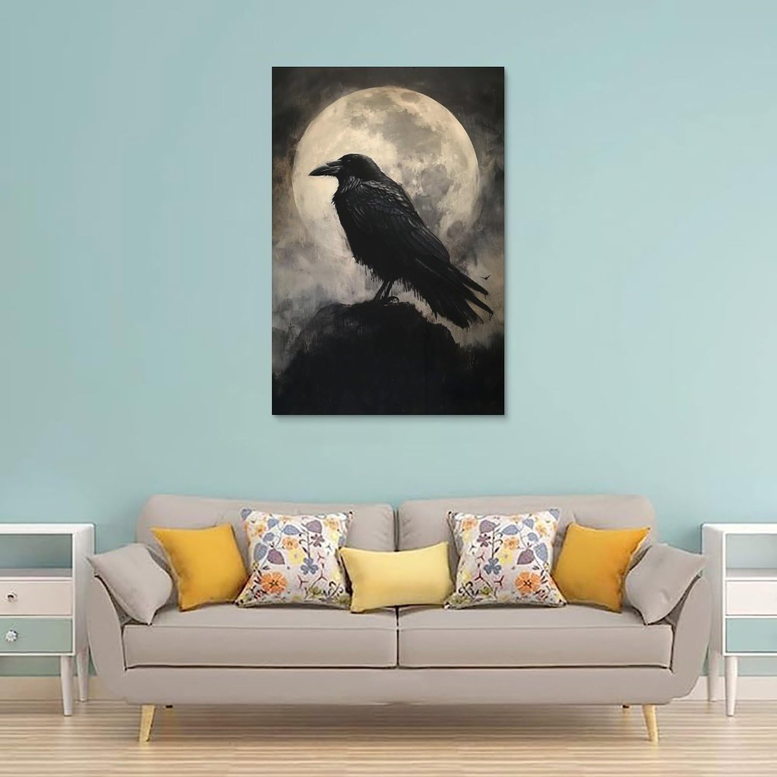 20x36 Pulgadas Enmarcado Cuadro Lienzo Cuervo Gótico - 20x36 Pulgadas, Diseño Bosque Espeluznante Con Luna Lienzo 20x36 Pulgadas Marco Pino