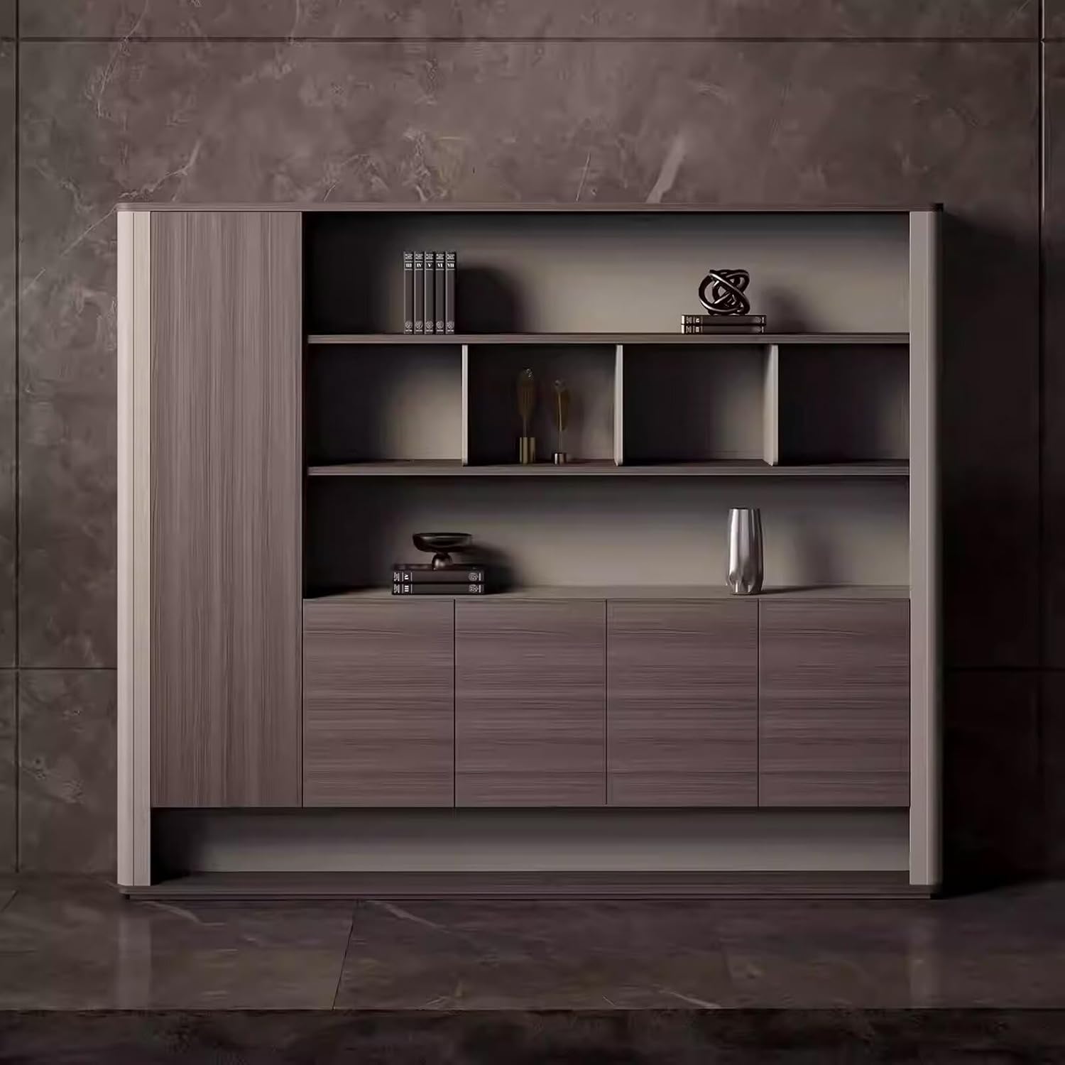 Bookshelf - Modern Bookcase with Storage Includes Brown Wood Grain Design LED Ambient Light Tall File Cabinet Includes