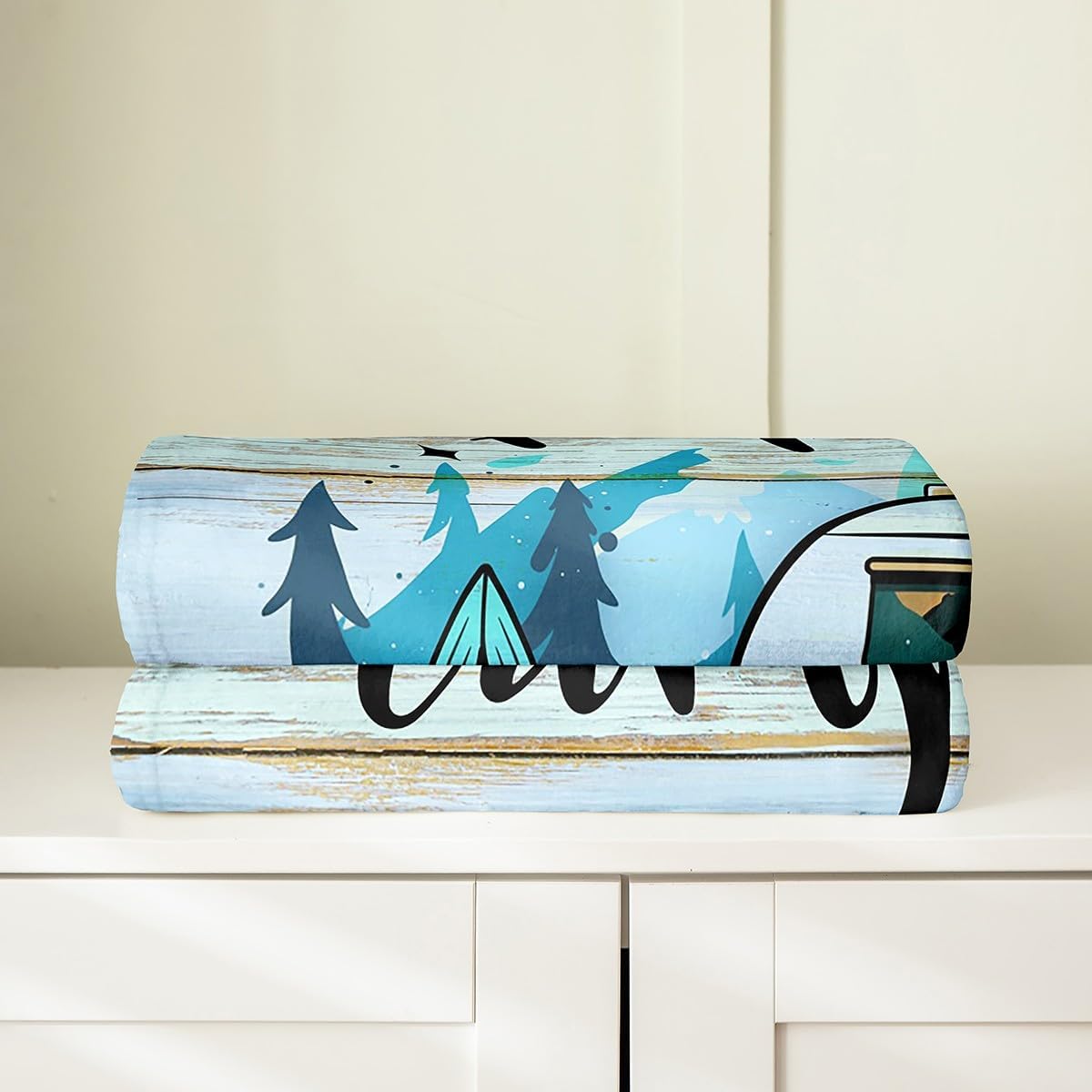 Feelyou Camper Theme All Season,Bed Blanket Happy Camping Plush Throw Blanket, for Kids Decor RV Camping Flannel Fleece Blanket Camper Vintage Wooden Style Blue Queen 90"x90"