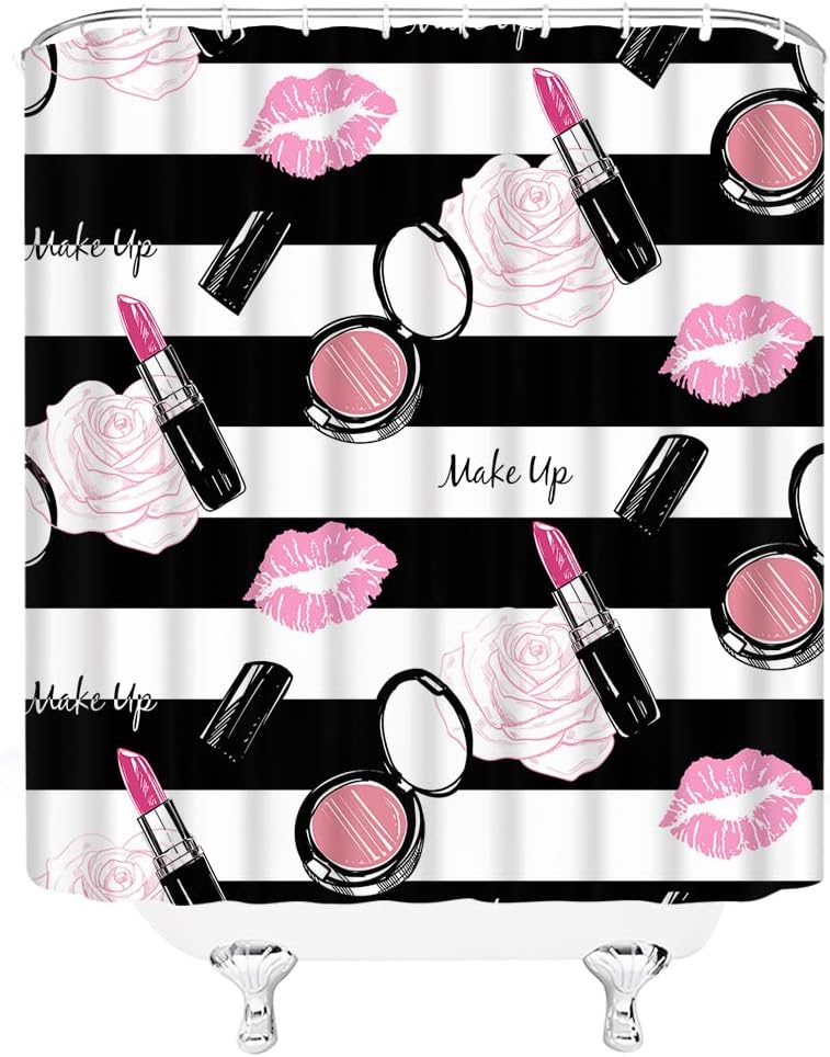 Fashion Makeup Shower Curtain Woman Girls Cosmetic Lipstick Pink Rose Flower Red Lip Charming Valentine's Sweet Romantic Fabric Bathroom Shower Curtain Sets with Hooks