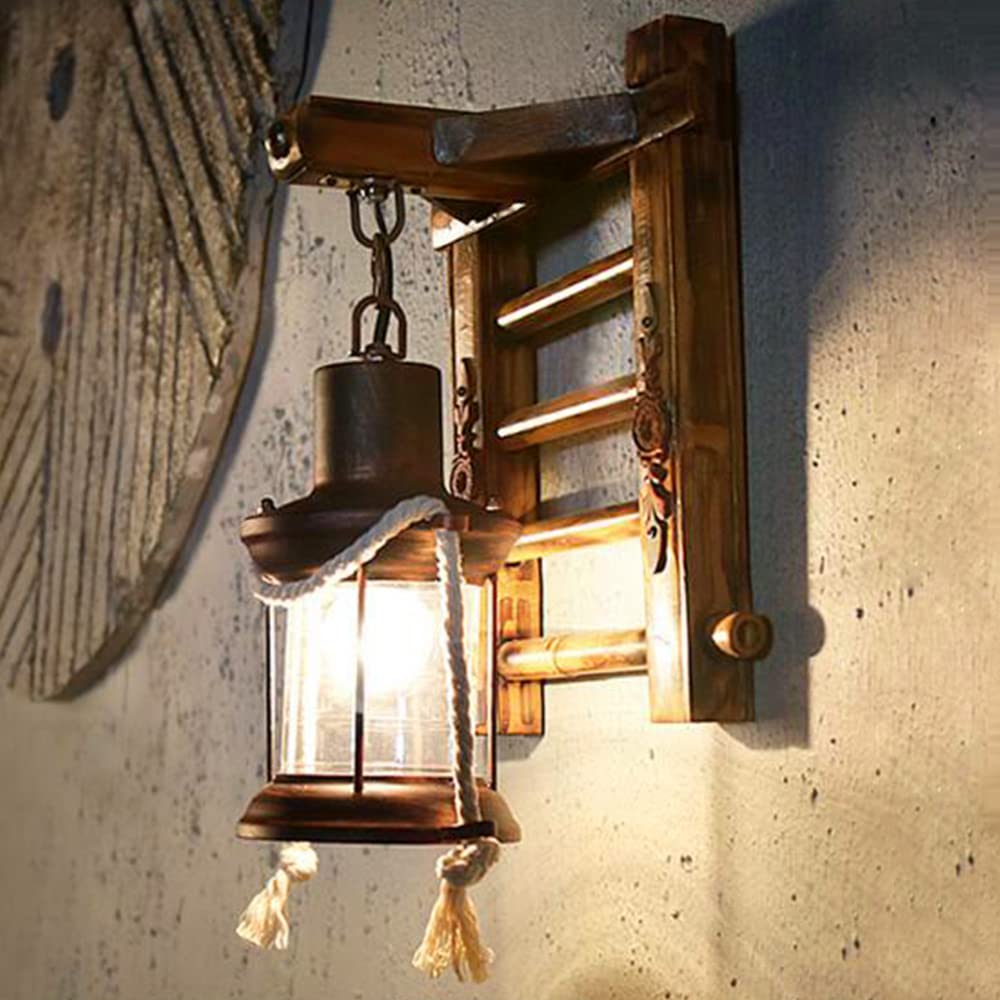 Retro Holz Wandleuchte Treppen Wandlampe Kreativ Bambus Pendellampe Vintage Hanfseil Rustikale Wandlicht Glas Lampenschirm Wandleuchten Für Schlafzimmer Restaurant Hotel Flur Esszimmer