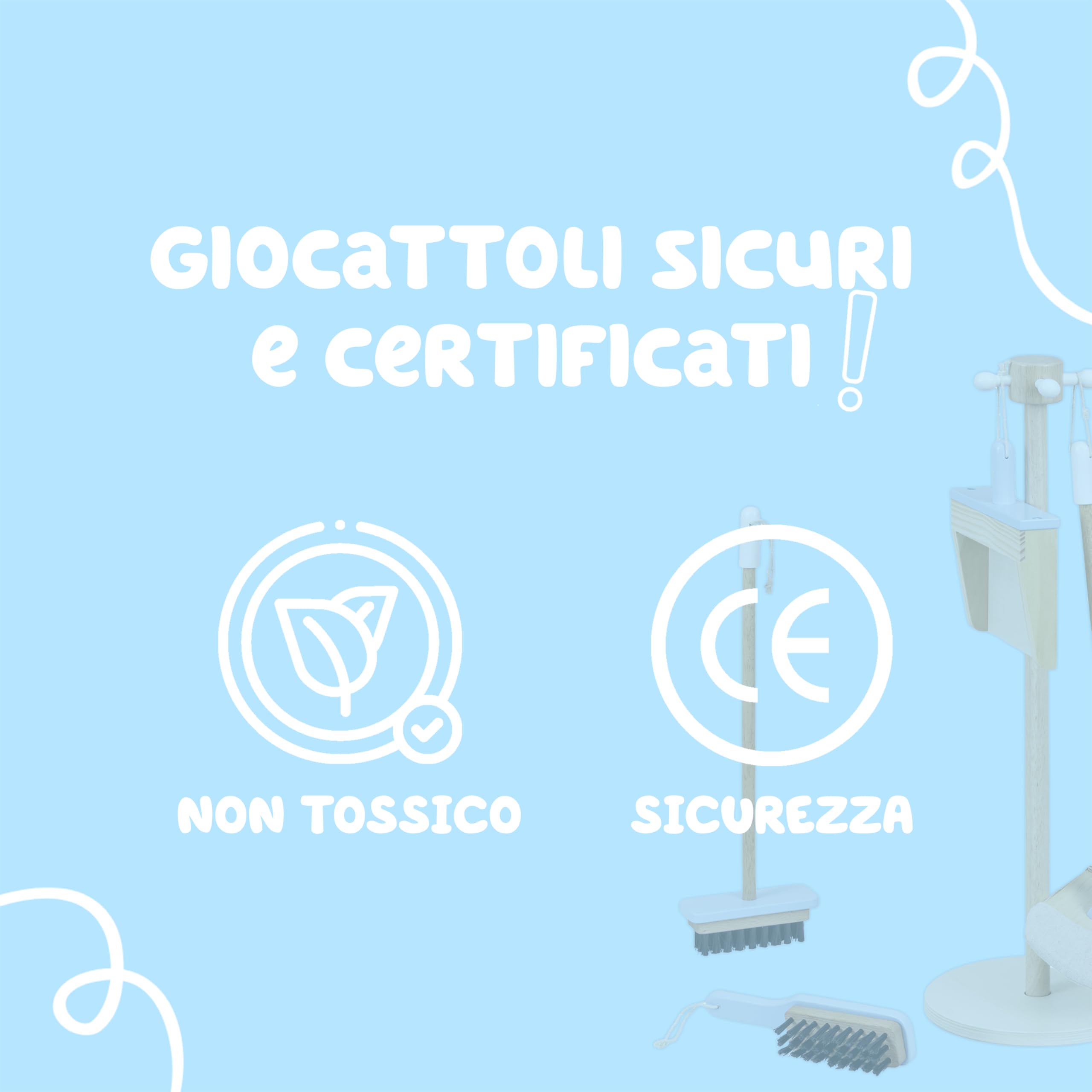 Baroni Toys Set Pulizia in Legno Montessori, 4 Pezzi con Supporto, Gioco Educativo per Bambini 3-6 Anni, Include Scopa, Paletta, Mocio e Spazzola, Facile da Montare e Leggero, 17x18x59 Cm