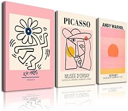 Matisse Wall Art Set of 3, Abstract Matisse Wall Art Exhibition Posters, Framed Canvas Picasso Prints Painting, Minimalist Beige Pink Room Decor, Gallery Wall Art for Bedroom, Living Room, Bathroom, Apartment, Aesthetic Room Decor（12x16inch)