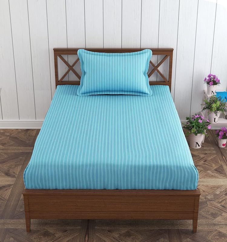 Image of Strip Cotton Single Bedsheet with One Pillow Cover Luxury Bedding Set, Gift for Couples for Romantic Dates, Wedding, Dreamy Blue