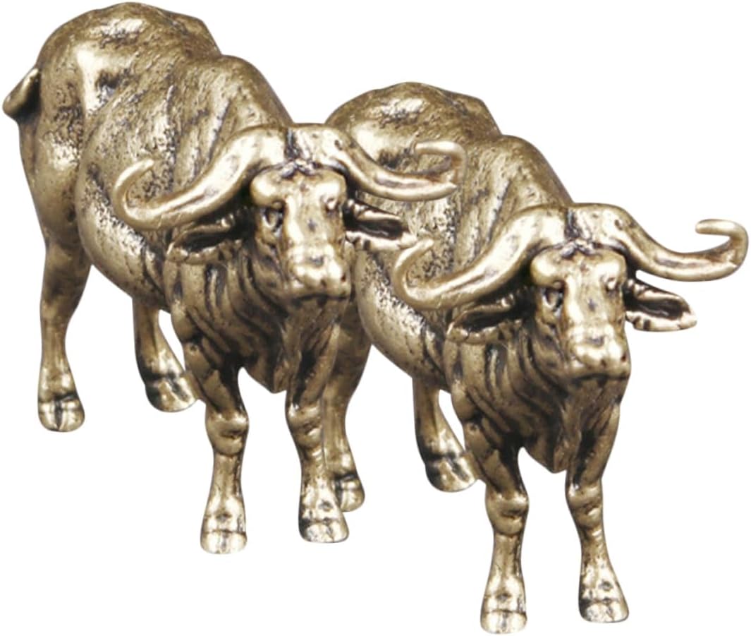 NUOBESTY Miniature Brass Yak Figurines 2pcs Set Vintage Animal Statue Home Décor Accents Lifelike Yak Sculptures for Office Desk and Living Room Display