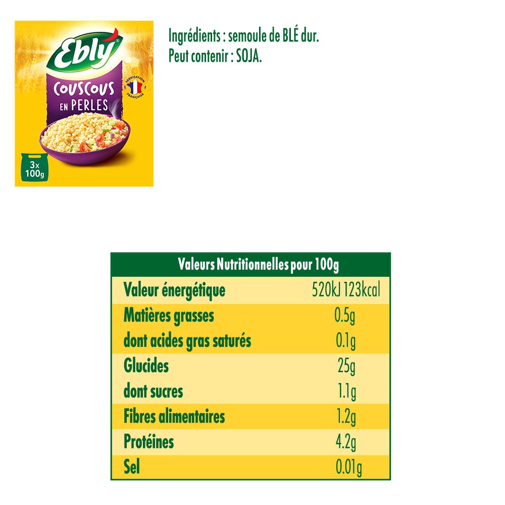 EBLY Couscous en Perles Cuisson 10 Minutes 3 Sachets de 100 g