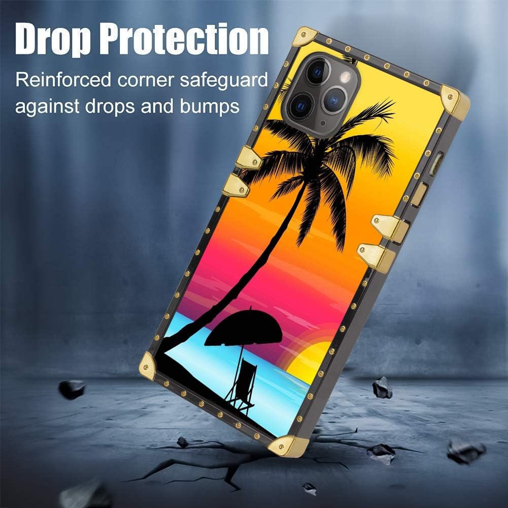 Square Case for iPhone 11 Pro Max 2019 6.5 Inch Tropical Sunset Luxury Elegant Soft TPU Full Body Shockproof Protective Case Metal Decoration Corner Back Cover iPhone 11 Pro Max Case