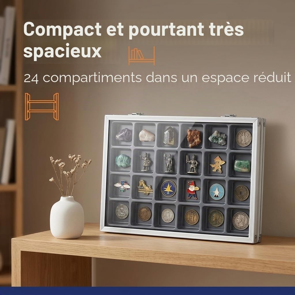 SAFE 5881 Vitrine de collection en aluminium | Casier à 24 compartiments pour minéraux, figurines, pierres, etc. | 395 x 300 x 65 mm | Avec couvercle transparent & fixation murale