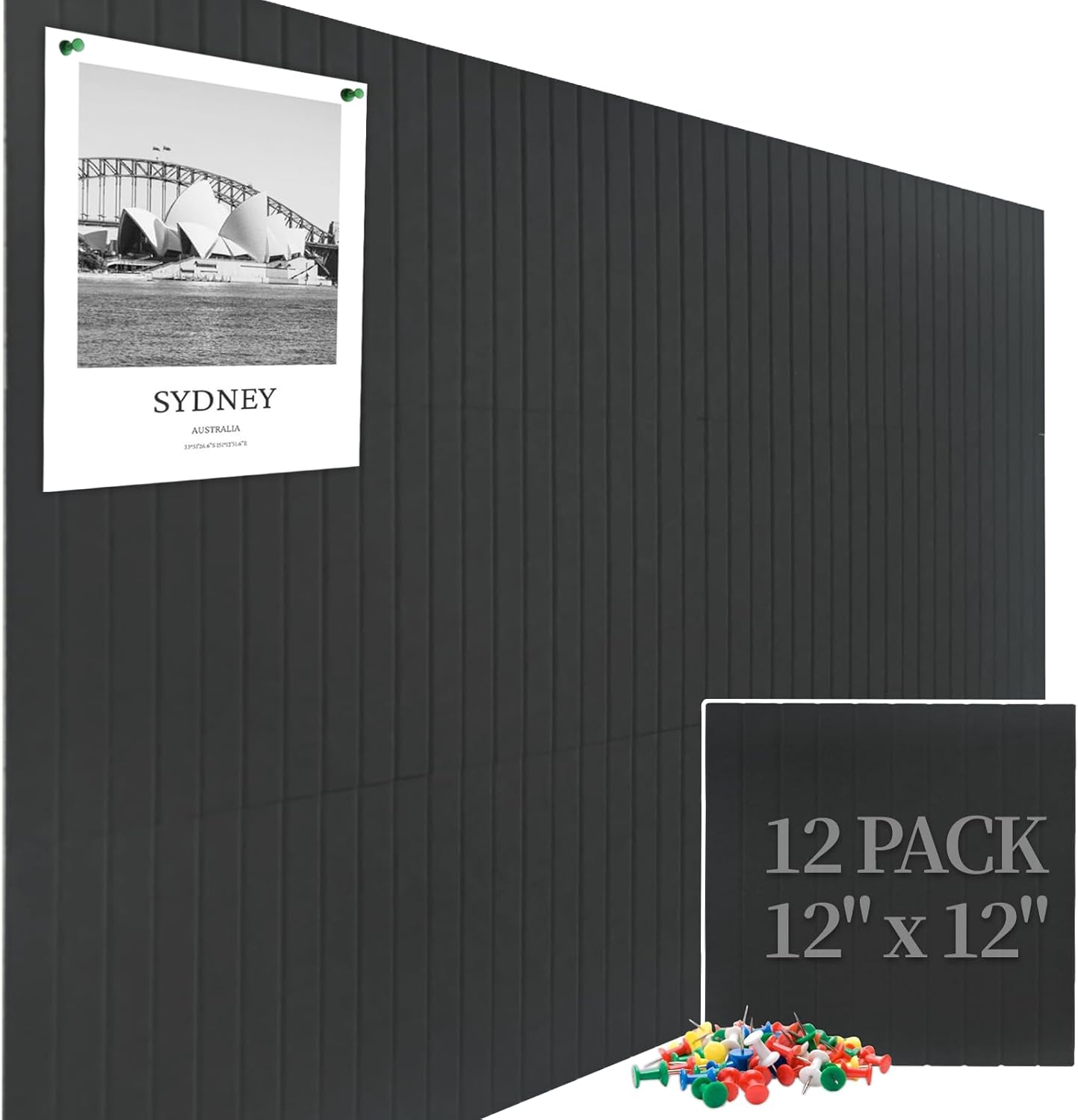Large Cork Board Felt Wall Tiles, 47"x35" 12 Pack Felt Bulletin Board Pin Board with Safe Removable Adhesive Tabs and Push Pins, Alternative Cork Board for Walls Home Office, Black Narrow Stripe - Black 12 PACK