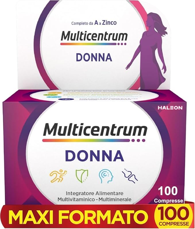Multicentrum Donna Integratore Multivitaminico completo per donna, con Vitamina D, K, Acido Folico, Calcio, Ferro, per combattere stanchezza e affaticamento, 100 Compresse