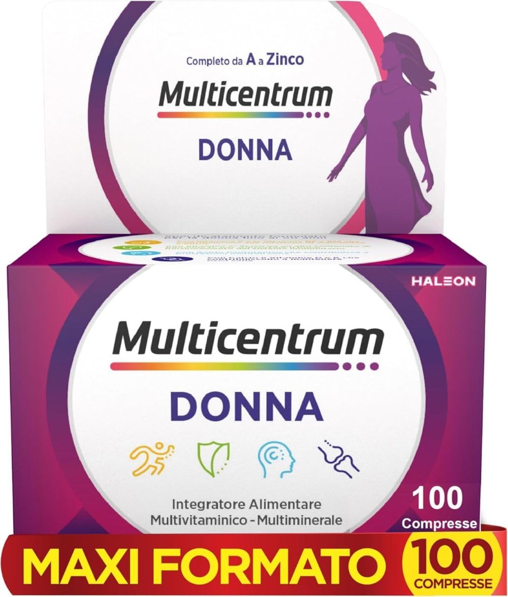 Multicentrum Donna Integratore Multivitaminico completo per donna, con Vitamina D, K, Acido Folico, Calcio, Ferro, per combattere stanchezza e affaticamento, 100 Compresse