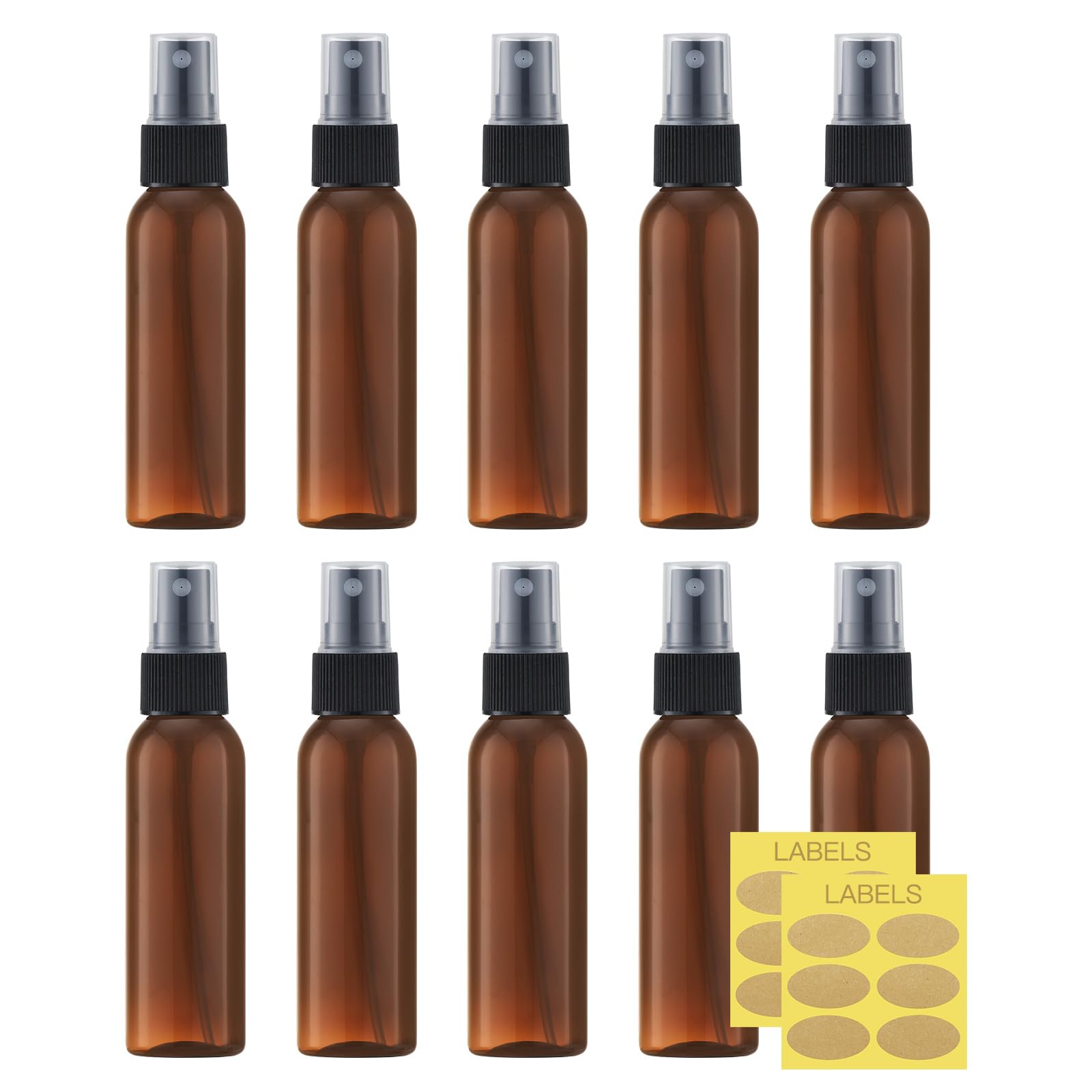 LISAPACK 2oz Small Spray Bottle (10 Pack) Plastic Mini Fine Mist Atomizer, Tiny Sprayer for Travel Perfume, Cologne, Alcohol (Brown, 60ml)