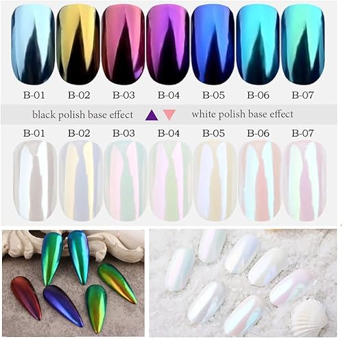Miniatura 6 de 7 Colores Polvo de Uñas Cromado, Kit de Polvo de Uñas con Efecto Espejo Metálico Iridiscente Aurora, Polvo de Brillantina de Concha de Perla Blanca