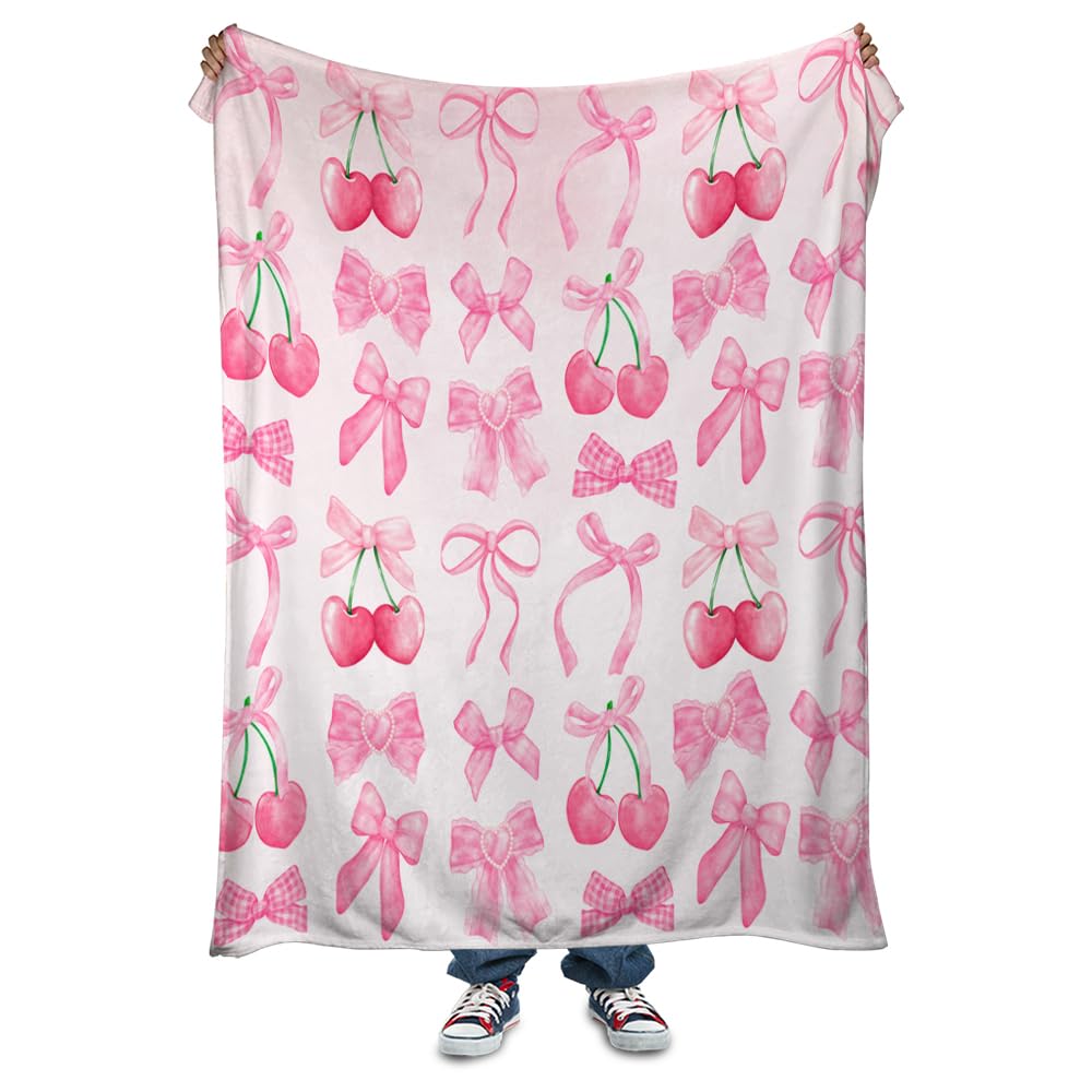 Reateforin Pink Cherry Bow Throw Blanket Back to School Decorations Soft Dorm Room Essentials Gifts for Students Girls Boys Lightweight Coquette Bow Cherry Aesthetic Blanket for Couch Sofa Bed 40"x50" — image 1